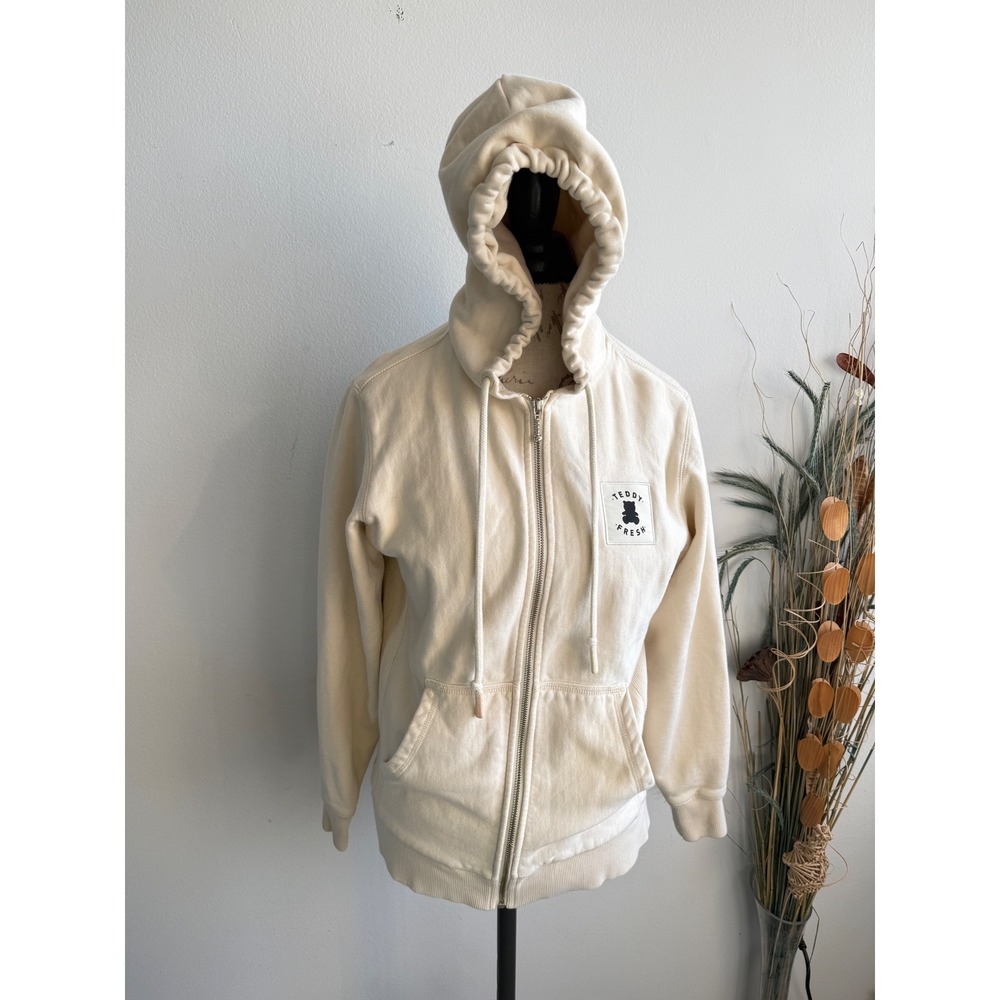 Teddy Fresh Cream Full Zip Hoodie 100% Cotton Fleece Bear Zipper Pull Off White
